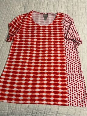 Chico's Red and White Mixed Print Short Sleeve Top